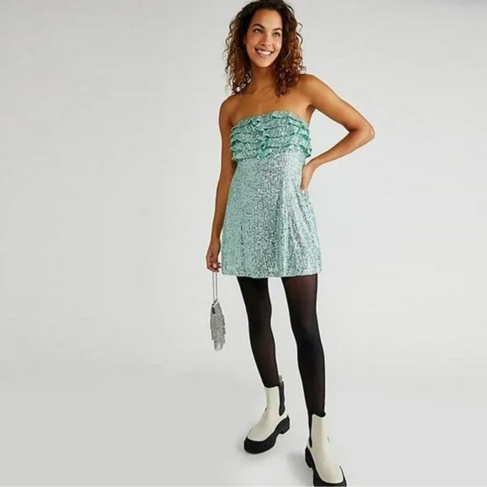 Free People Frida Sequin Ruffle Strapless Mini dress In Island Sea